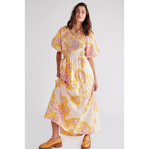 Free People Kalina Floral Printed Textured Midi Dress $168 Small